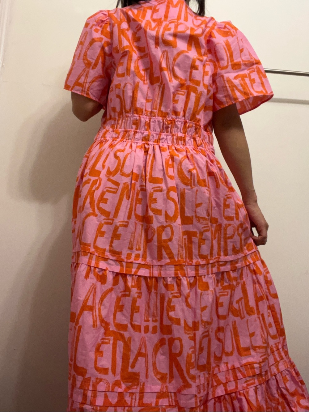 MY26 Anthropologie The Somerset Maxi Dress in pink with orange French writing - Picture 5 of 8